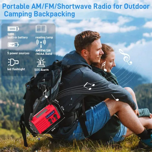 Miniatura 6 de Radio meteorológica de emergencia, manivela solar, funciona con pilas, radio de onda corta AM FM portátil con alerta NOAA, linterna, lámpara de Rojo