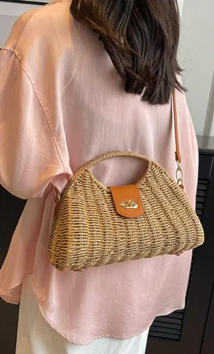 Miniatura 5 de Bolso cruzado de paja para mujer, tejido a mano, bolso de mano de ratán con asa superior de paja, bolso de hombro para playa de verano, bolso
