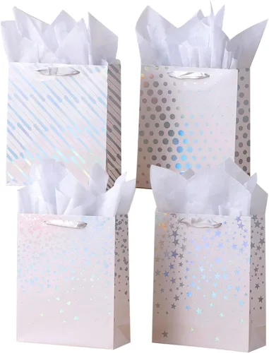 Miniatura 5 de SHIPKEY Paquete de 12 bolsas de regalo blancas, 10 x 4 x 13 pulgadas, bolsas de regalo blancas medianas surtidas, bolsas de regalo para regalos