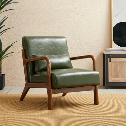 Glitzhome Sillón Accent de mediados de siglo en verde cazador, sillón de lectura individual de cuero PU con marco de nogal y ruberwood Pu verde.