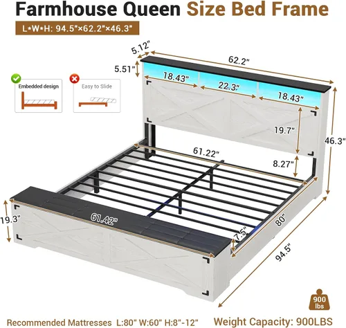 Miniatura 2 de Hasuit - Marco de cama tamaño queen con otomano de almacenamiento, marco de cama estilo granja con estación de carga y luz LED, cabecero con estante