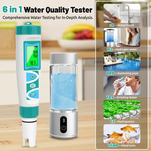 Miniatura 2 de Probador de pH H2 para botella de agua de hidrógeno Medidor TDS ORP para probar agua potable Medidor EC PPM para hidroponía de agua 6 en 1 pH H2 ORP