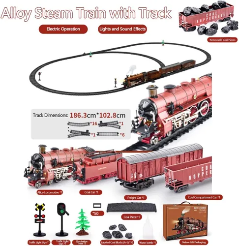 Miniatura 5 de Juego de tren eléctrico de aleación con luces y sonidos, modelo clásico de locomotora de vapor con pista larga y carruajes, juego de locomotora Rojo