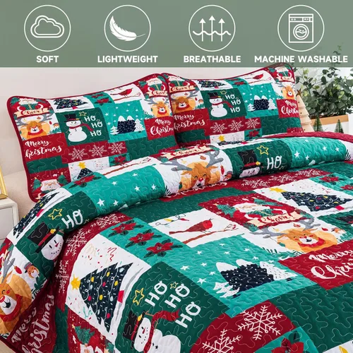 Miniatura 4 de WONGS BEDDING Juego de edredón de Navidad tamaño Queen, juego de ropa de cama con estampado de Papá Noel, alce, copo de nieve y árbol de Navidad