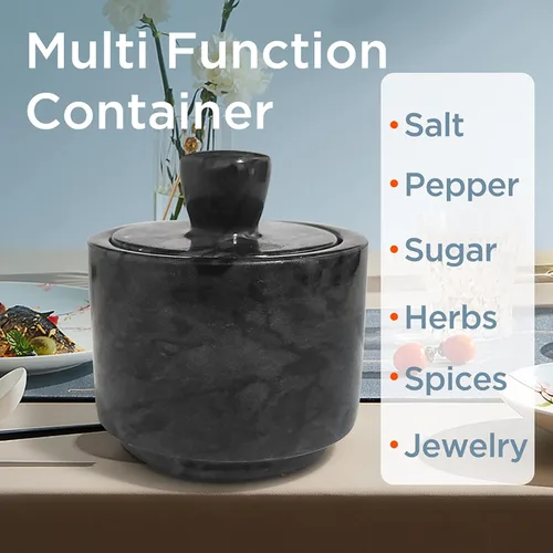 Miniatura 3 de Salero de Mármol con Tapa, Cuencos de Sal y Pimienta Caja Recipiente, Frasco de Sal con Tapa para Cocina y Baño (Negro)