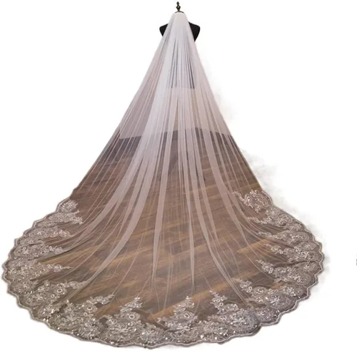velo de boda con borde de encaje largo y lujoso velo de novia con lentejuelas blancasvelo marfil con peine catedral de una capa de 9.8ft de boda