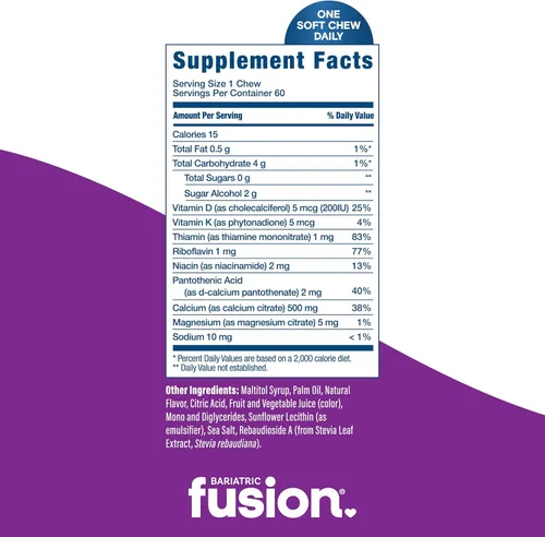 Miniatura 4 de Bariatric Fusion Citrato de calcio con sabor a uva de arándano, 500 mg y vitamina bariátrica para masticar suave con energía, pacientes de cirugía