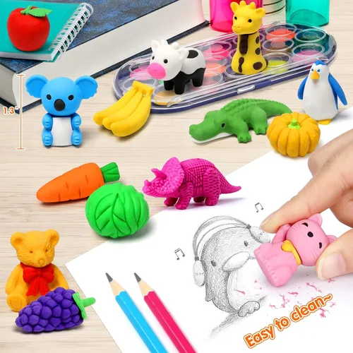 Miniatura 4 de Arscniek Paquete de 40 gomas de borrar 3D para rompecabezas de animales y alimentos para niños, gomas de borrar de lápiz mini desmontables