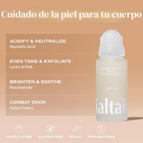 Miniatura 5 de Saltair Desodorante en suero Santal Bloom, paquete de 2. Fórmula AHA al 5%. Desodorante de ácido láctico y ácido mandélico. Control de olores sin