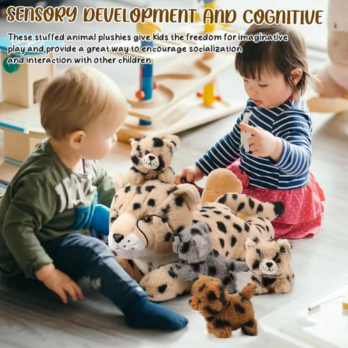 Miniatura 6 de Silipull Juego de 5 piezas de animales de peluche de guepardo grande con 4 cachorros suaves en su barriga para niños y niñas, regalos de cumpleaños