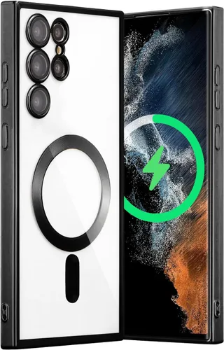 Miniatura 10 de QLTYPRI Funda magnética transparente para Samsung Galaxy S22 Ultra compatible con carga inalámbrica MagSafe, borde galvanizado, suave, delgada, Negro