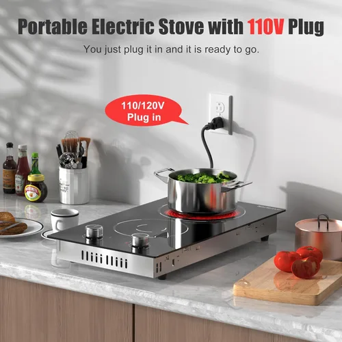 Miniatura 2 de Placa eléctrica de 2 quemadores, encimera de 12 pulgadas y estufa eléctrica integrada, estufa eléctrica de 110 V con enchufe, control de perilla, 9