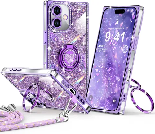 Miniatura 43 de XYZ Funda para iPhone 13, con purpurina brillante con soporte de corazón de 2 anillos y cordón, funda protectora a prueba de golpes con diamantes