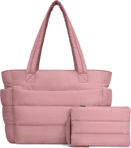Miniatura 35 de TOPDesign Bolsa Tote Acolchada para Mujer, Bolso de Mano Ligero Inflado con Compartimentos, Bolsa de Hombro Acolchada para Trabajo, Viajes, Gimnasio