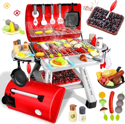 Juego de 41 parrillas de juguete para niños con sonido y luz para niños pequeños, juego de parrilla de barbacoa para interiores y exteriores, juego