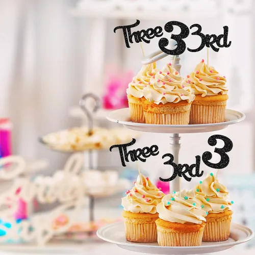 Miniatura 5 de 24 piezas de adornos para cupcakes de tercer cumpleaños, brillo, 3er cumpleaños, 3 piezas para baby shower, aniversario, decoración para pastel