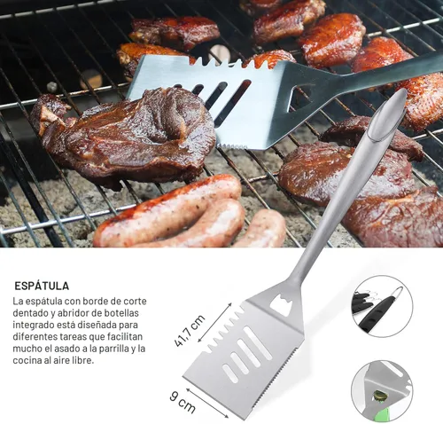 Miniatura 2 de Grilljoy Juego de 8 herramientas resistentes para parrilla BBQ con espátula de acero inoxidable extra gruesa, tenedor, pinzas y cepillo de limpieza