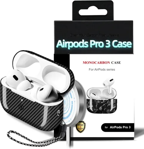 Miniatura 8 de MONOCARBON Funda de fibra de carbono forjada real para AirPods Pro 3, cubierta dura protectora delgada con cordón, compatible con MagSafe