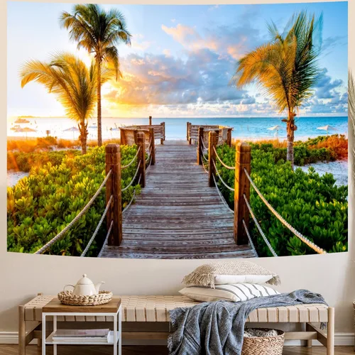 Miniatura 5 de Delur Tapiz de playa y puesta de sol tropical, palmera, costero, tapiz para colgar en la pared, paisaje natural, cabecero psicodélico escénico