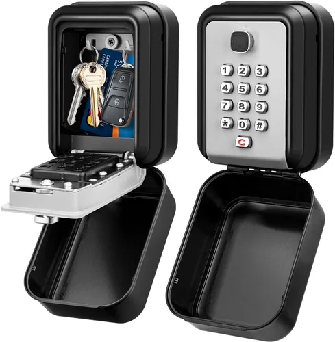HUANLANG Caja de seguridad para llaves con código, cajas de llaves impermeables para montaje en pared, 12 dígitos, teclado para llaves de casa, Gris