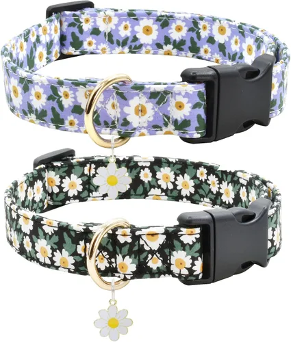 Miniatura 8 de 2 collares de algodón para perro, suaves y lindas flores, 3 tamaños, collar de nailon suave ajustable para hembras, perros pequeños, medianos