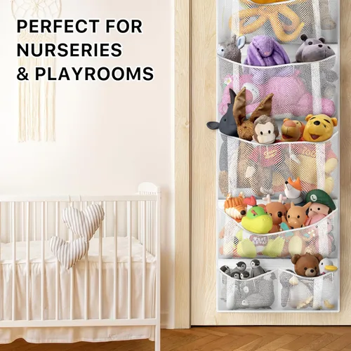 Miniatura 6 de Simple Houseware Organizador de almacenamiento de animales de peluche sobre la puerta, soporte para juguetes colgantes con 6 bolsillos de malla