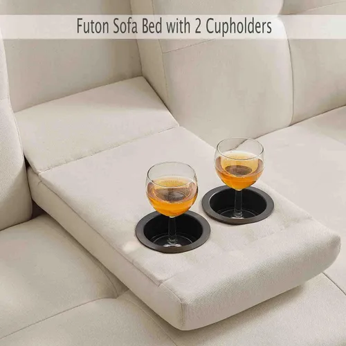 Miniatura 5 de Sofá cama futón tapizado de lino 100% tela con 2 portavasos/patas/reposabrazos extraíbles, sofá cama convertible moderno, sofá biplaza tapizado