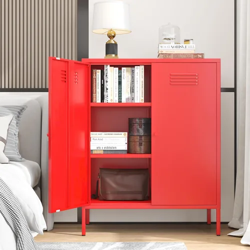 Miniatura 22 de Gabinete de almacenamiento de metal, soporte de TV de 2 puertas, armario decorativo con puertas y estante ajustable, armario de metal, mesita