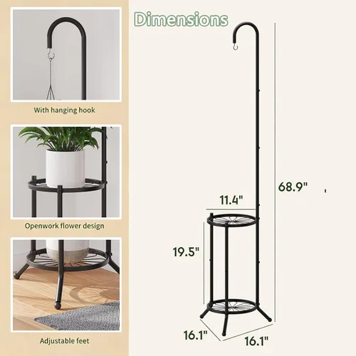 Miniatura 3 de Soporte de metal de 2 niveles para plantas colgantes para interiores y exteriores, estantes de hierro que ahorran espacio, estante de exhibición