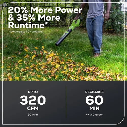 Miniatura 3 de Greenworks Soplador de hojas axial inalámbrico de 24 V (90 MPH / 320 CFM / más de 200 herramientas compatibles), batería de 2.0 Ah y cargador