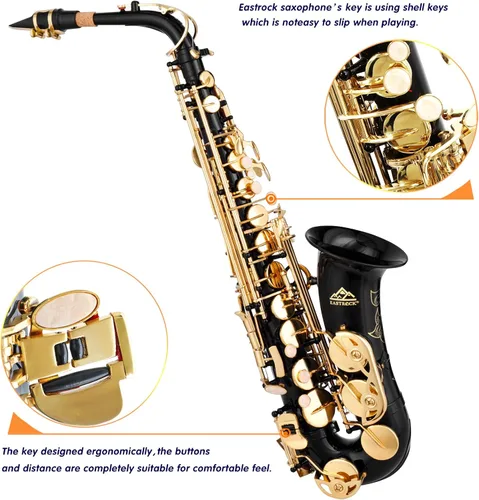 Miniatura 2 de EASTROCK Saxofón Alto Negro/Dorado Mi Bemol Kit Completo para Estudiantes Principiantes con Estuche de Transporte, Boquilla, Almohadillas Cojín