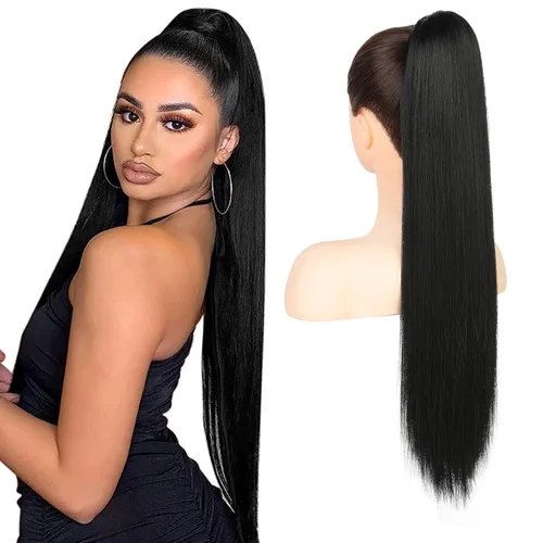 Miniatura 8 de Flufymooz - Extensión de cola de caballo de 26 pulgadas, extensiones de cabello con cordón y clip rectas, cola de caballo falsa natural suave