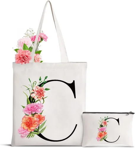 Miniatura 18 de Bolsa de lona con letra inicial personalizada, regalo para el día de la madre, damas de honor, novia, cumpleaños, boda Flower-D