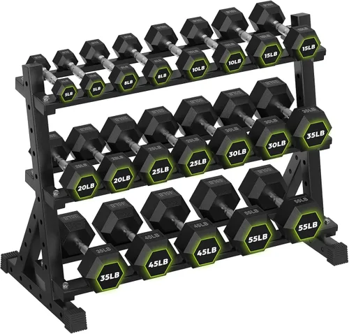 Miniatura 17 de HANDBODE Soporte para mancuernas de 3 niveles, estante de almacenamiento de capacidad de 1000 libras, estante de pesas para mancuernas, pesas rusas