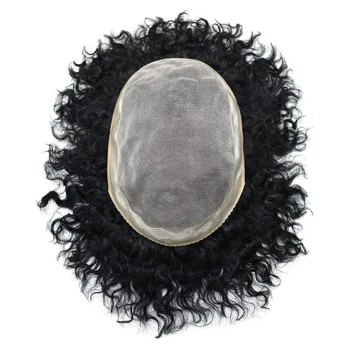 Miniatura 6 de Afro Curl Black Mens Toupee Afro Americano Unidades de Cabello para Hombres Negros Kinky Rizado Fino Mono Brasileño Cabello Humano Pelucas Hombres