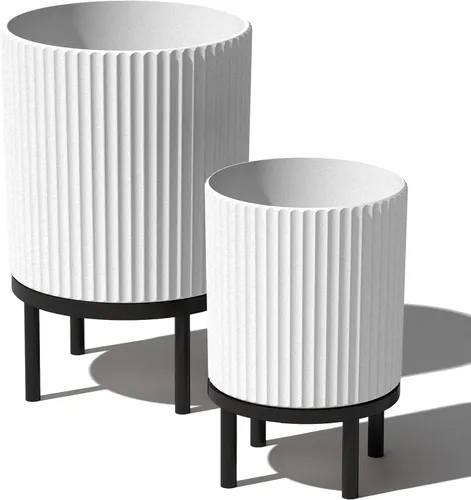 Miniatura 68 de Veradek Demi Series - Maceta redonda con soporte para porche o patio, compuesto de piedra de plástico duradero y soporte de madera, decoración