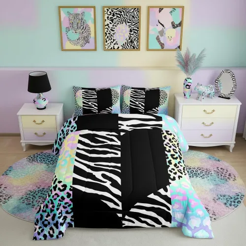 Miniatura 25 de Castle Fairy Juego de edredón con estampado de leopardo rosa y negro, juego de colcha de retazos de piel de cebra, tamaño King, para niños, niñas