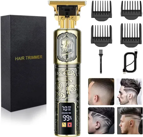 Miniatura 11 de Recortadora de pelo y aseo profesional para hombre con cuchilla en T, kit de corte de pelo y aseo recargable (dorado)