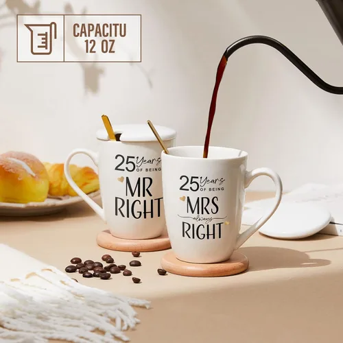 Miniatura 4 de AW BRIDAL Juego de 2 tazas de café novedosas para el 25º aniversario de boda, regalo de Navidad, para el señor y la señora, de 12 onzas, regalos