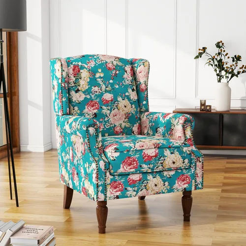Miniatura 51 de Silla de Acento de Respaldo Alto, Sillón Tapizado en Tela para Sala de Estar, Sillón Wingback con Estampado Floral con Patas de Madera Maciza, Sofá