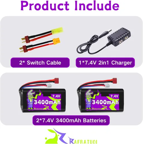 Miniatura 8 de 2S 7.4V 3400mAh con enchufe en T estilo Dean, capacidad recargable, baterías RC aptas para la mayoría de coches y camiones RC escala 1/10, 1/12