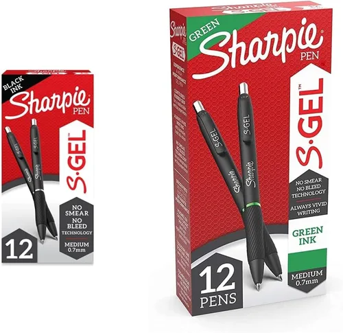 SHARPIE S-Gel - Bolígrafos de gel de punta media (0.028 in), tinta negra y verde, 12 unidades (paquete de 1), surtido