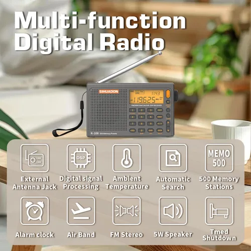 Miniatura 2 de SIHUADON R-108 Radio portátil AM FM SW LW Airband, pequeña radio de emergencia retro digital funciona con pilas, 5 W, altavoz con alarma