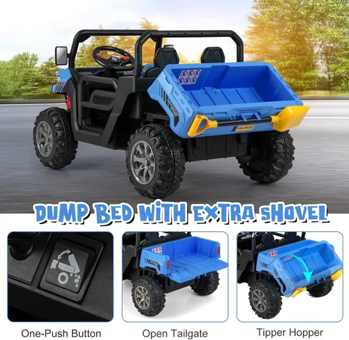 Miniatura 4 de OLAKIDS Coche Montable de 2 Asientos, Vehículo Eléctrico UTV Todoterreno de 12V con Control Remoto, Cama Basculante, Pala Extra, Música, USB, AUX