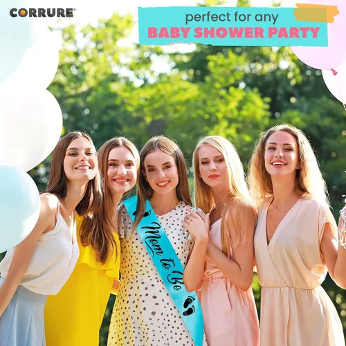 Miniatura 8 de CORRURE Baby Shower Mom to Be Faja para niño o niña – Hermosa cinta azul y texto de aluminio negro – Ideal para revelación de género, regalos