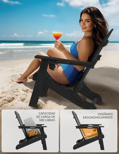Miniatura 5 de Silla Adirondack Plegable, Sillas Adirondack de Plástico con Textura de Madera con 2 Portavasos, Silla para Hoguera de HDPE Resistente a