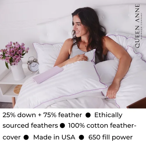Miniatura 3 de Queen Anne 25% Down + 75% Feather Luxury Pillow - Goose and Duck Down Feather Blend Pillow for Sleeping - Back, Side, Stomach Sleepers