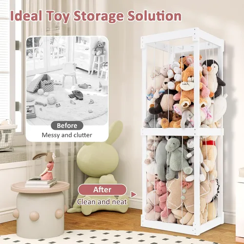 Miniatura 8 de Costzon Almacenamiento de animales de peluche extra grande, organizador de animales de madera con cordones elásticos, organizador de almacenamiento