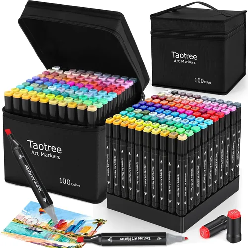 Taotree Juego de marcadores de alcohol de 100 colores con estuche y soportes, marcadores artísticos de doble punta, bolígrafos de cincel y bocetos