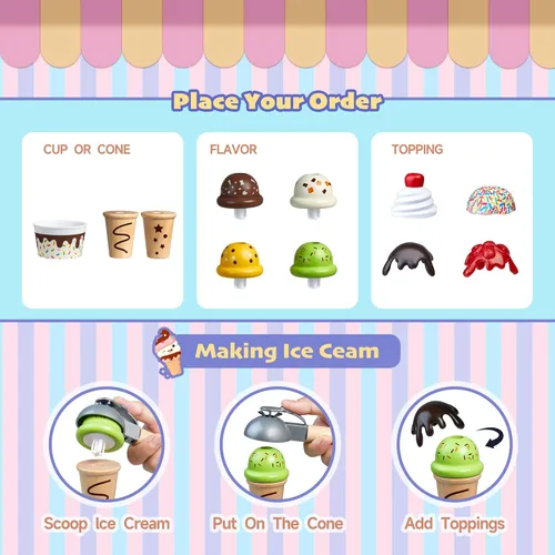 Miniatura 3 de Carrito de Helados de Madera Juguete Playset con Juguetes de Helado Juego de Comida de Simulación Camión de Comida Accesorios de Cocina de Juego